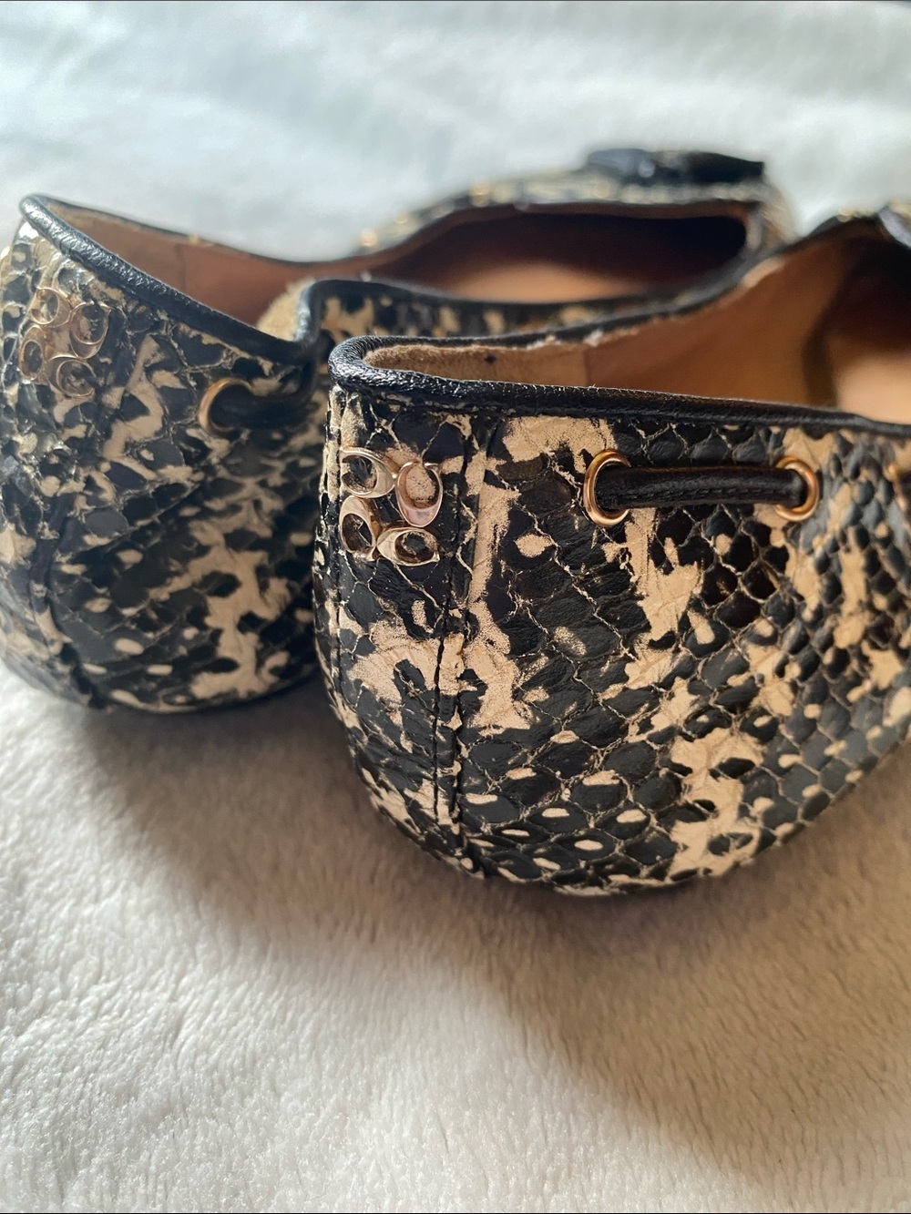 Coach Snake Skin Tassel Loafers in Black and Cream - Picture 3 of 4